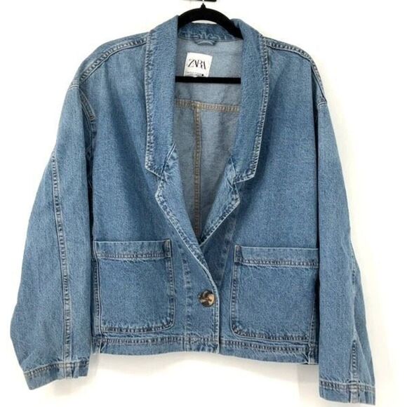 ZARA Blue Long Sleeve Lapel Collar Button Front Classic Denim Blazer Jacket XS - Picture 2 of 15